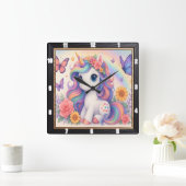 Rainbow Unicorn Bloemen Kind Vierkante Klok (Huis)
