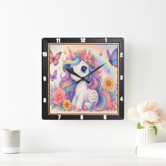Rainbow Unicorn Bloemen Kind Vierkante Klok (Huis)