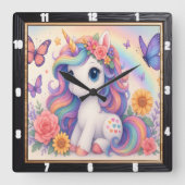 Rainbow Unicorn Bloemen Kind Vierkante Klok (Voorkant)
