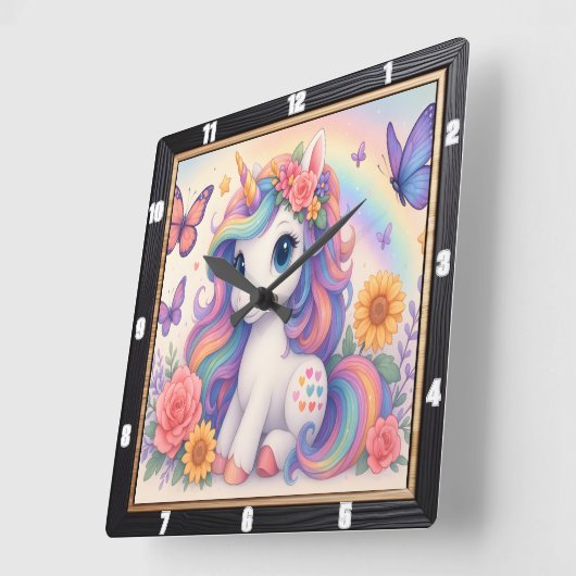 Rainbow Unicorn Bloemen Kind Vierkante Klok (Hoek)
