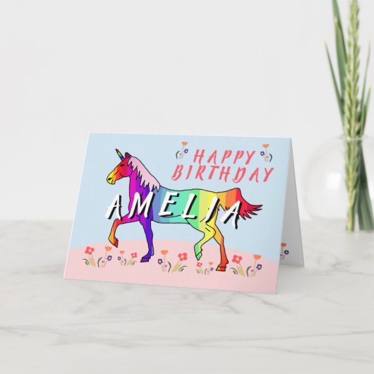 Rainbow Unicorn Bloemenmeisje Happy Birthday Kaart (Voorkant)
