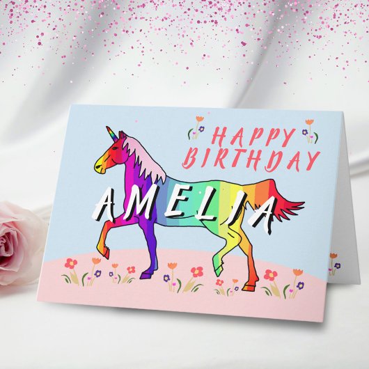 Rainbow Unicorn Bloemenmeisje Happy Birthday Kaart