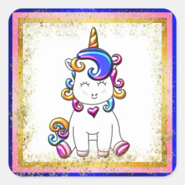 Rainbow Unicorn Blue, Gold Glitter Vierkante Sticker