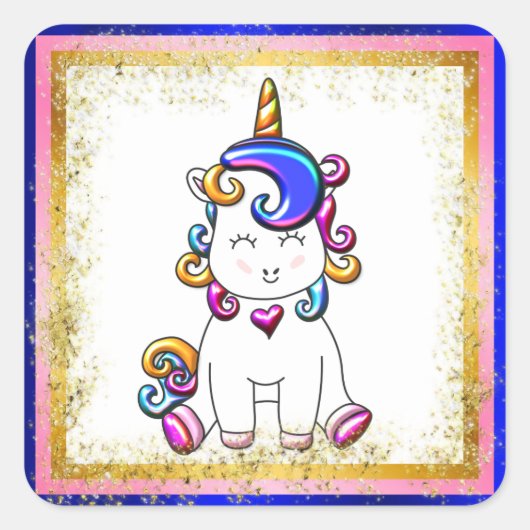 Rainbow Unicorn Blue, Gold Glitter Vierkante Sticker (Voorkant)