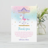 Rainbow Unicorn Carousel 1st Birthday Gold Glitter Bedankkaart (Staand voorkant)