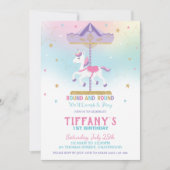 Rainbow Unicorn Carousel 1st Birthday Gold Glitter Kaart (Voorkant)