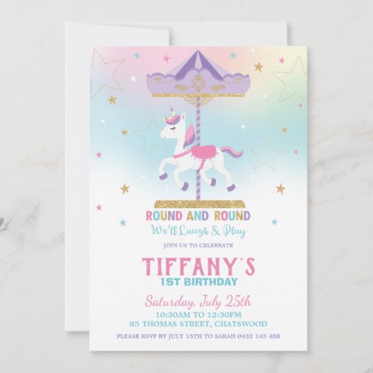 Rainbow Unicorn Carousel 1st Birthday Gold Glitter Kaart (Voorkant)