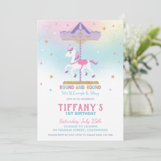 Rainbow Unicorn Carousel 1st Birthday Gold Glitter Kaart (Staand voorkant)