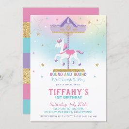 Rainbow Unicorn Carousel 1st Birthday Gold Glitter Kaart