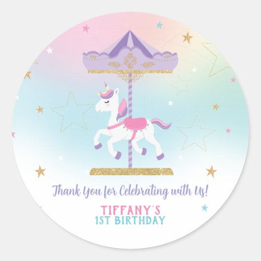 Rainbow Unicorn Carousel 1st Birthday Gold Glitter Ronde Sticker (Voorkant)