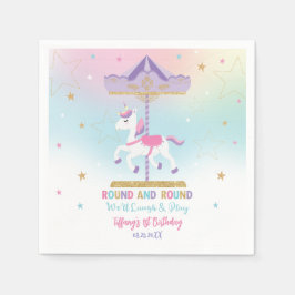 Rainbow Unicorn Carousel 1st Birthday Gold Glitter Servet