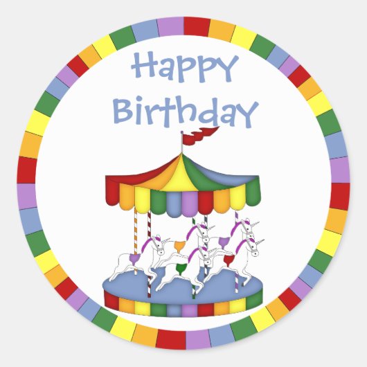 Rainbow Unicorn Carrousel Verjaardag Ronde Sticker (Voorkant)