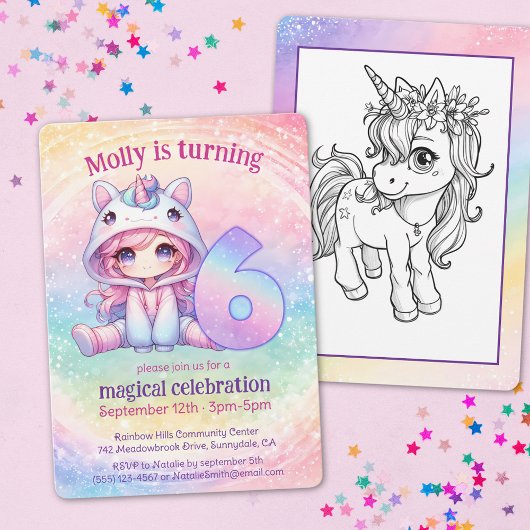 Rainbow Unicorn chibi girly 6e verjaardag Kaart