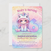 Rainbow Unicorn chibi girly 6e verjaardag Kaart (Voorkant)