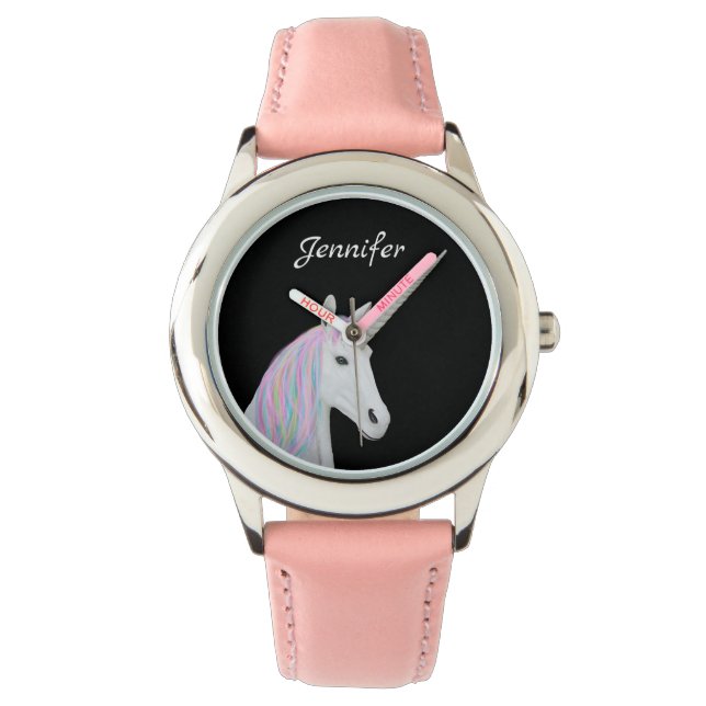  Rainbow Unicorn Custom Name Kind roze Horloge (Voorkant)