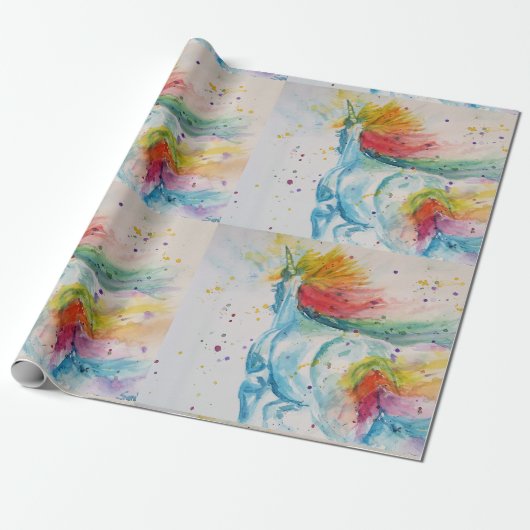 Rainbow Unicorn Cute magical Waterverf Wrapping Cadeaupapier (Uitgerold)