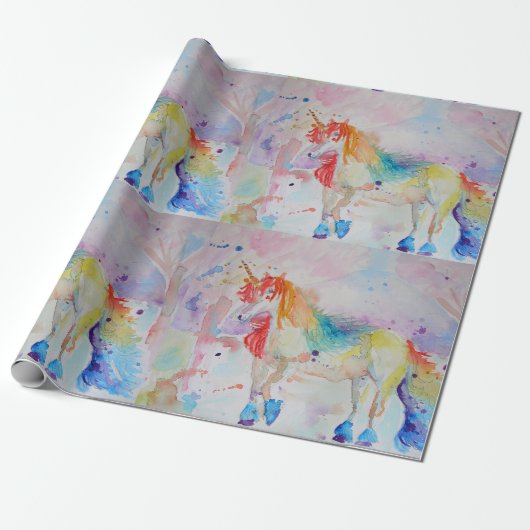 Rainbow Unicorn Cute magical Waterverf Wrapping Cadeaupapier (Uitgerold)