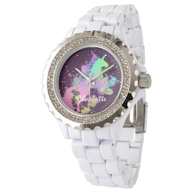 Rainbow Unicorn Cute Personalized Horloge (Gekanteld)