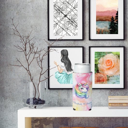 Rainbow Unicorn Design met aangepaste naam Seltzer Blikjeskoeler