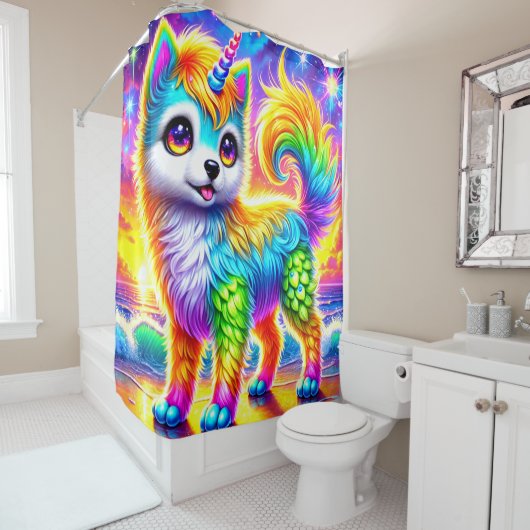 Rainbow Unicorn Dog Douchegordijn (In situ)