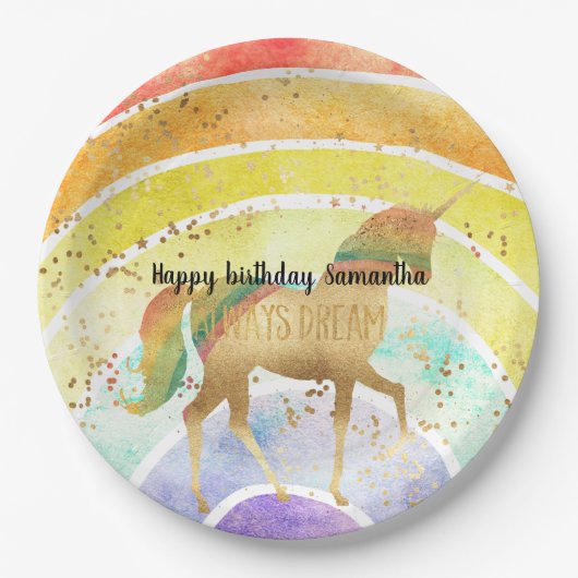 Rainbow Unicorn droomt altijd met gouden confetti Papieren Bordje (Voorkant)