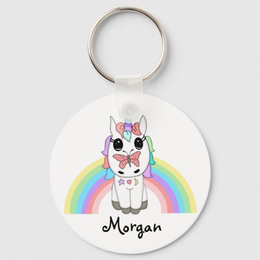 Rainbow Unicorn en Butterfly, gepersonaliseerd Sleutelhanger (Voorkant)