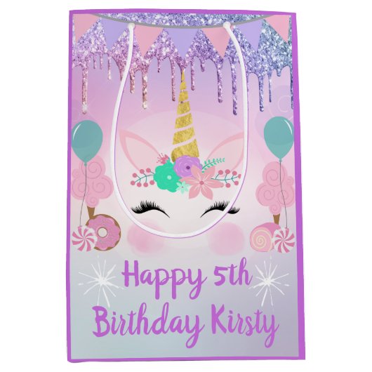 Rainbow Unicorn Face en Sweets Birthday Medium Cadeauzakje (Voorkant)