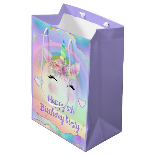 Rainbow Unicorn Face Happy Birthday Medium Cadeauzakje (Voorkant Gekanteld)