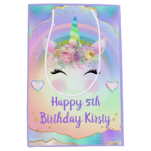 Rainbow Unicorn Face Happy Birthday Medium Cadeauzakje (Voorkant)