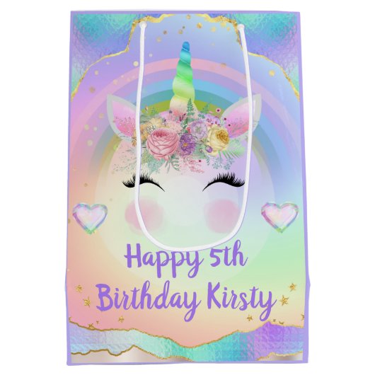 Rainbow Unicorn Face Happy Birthday Medium Cadeauzakje (Achterkant)