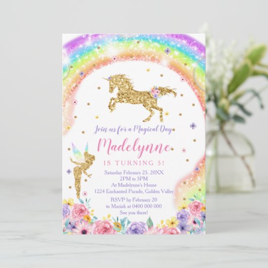 Rainbow Unicorn Fairy Verjaardag uitnodiging (Staand voorkant)