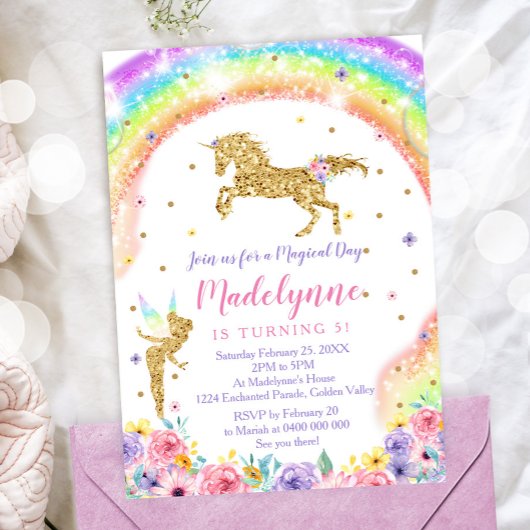 Rainbow Unicorn Fairy Verjaardag uitnodiging