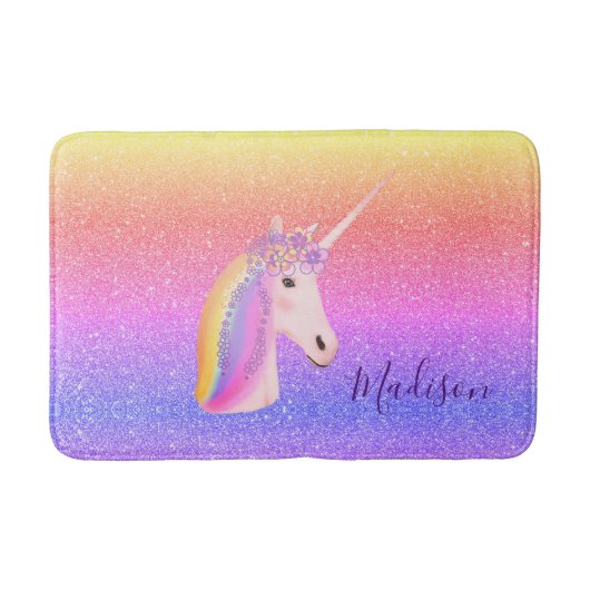 Rainbow Unicorn Faux Glitter Girls - Gepersonalise Badmat (Voorkant)