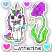 Rainbow Unicorn, Flowers en Name Sticker (Voorkant)
