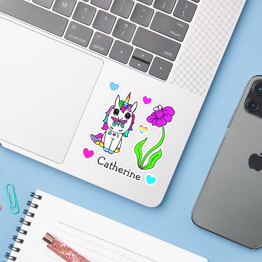Rainbow Unicorn, Flowers en Name Sticker (Laptop met iPhone)