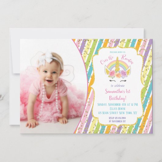 Rainbow Unicorn Foto Birthday Invitations Kaart (Voorkant)