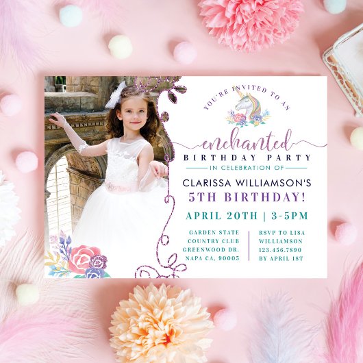 Rainbow Unicorn Foto Birthday Party Invitation Kaart