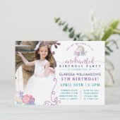 Rainbow Unicorn Foto Birthday Party Invitation Kaart (Staand voorkant)