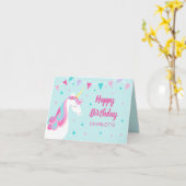 Rainbow Unicorn gepersonaliseerd Aqua Pink Birthda Kaart (Gele Bloem)