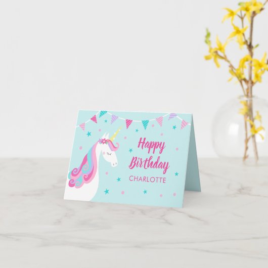 Rainbow Unicorn gepersonaliseerd Aqua Pink Birthda Kaart (Gele Bloem)