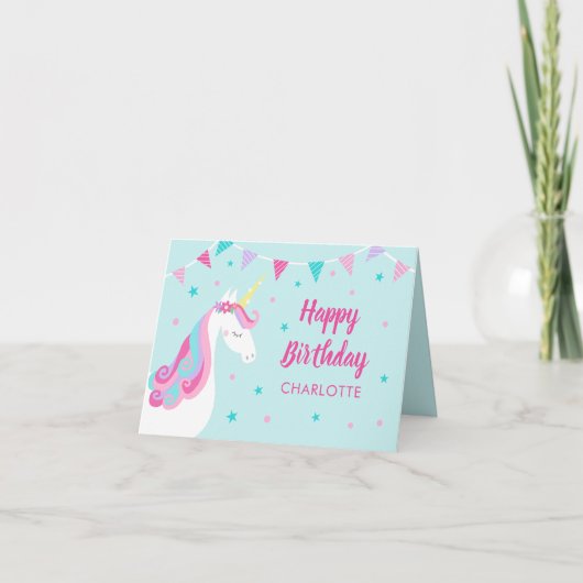 Rainbow Unicorn gepersonaliseerd Aqua Pink Birthda Kaart (Voorkant)