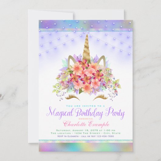 Rainbow Unicorn Gezicht Verjaardagsfeest Uitnodigi Kaart (Voorkant)