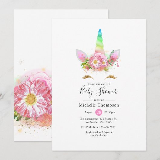 Rainbow Unicorn Girl Baby shower Kaart (Voorkant / Achterkant)