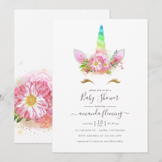 Rainbow Unicorn Girl Baby shower Kaart (Voorkant / Achterkant)
