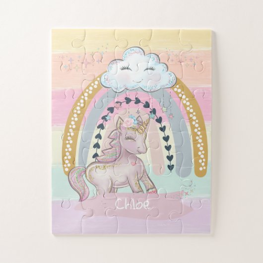 🦄 Rainbow Unicorn Girl Custom Name Heart Legpuzzel (Verticaal)