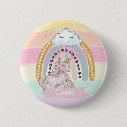 🦄 Rainbow Unicorn Girl Custom Name Heart Ronde Button 5,7 Cm (Voorkant)