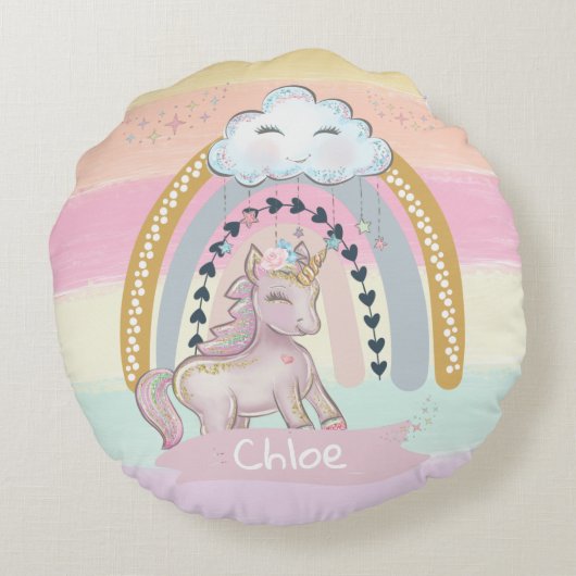 🦄 Rainbow Unicorn Girl    Rond Kussen (Achterkant)