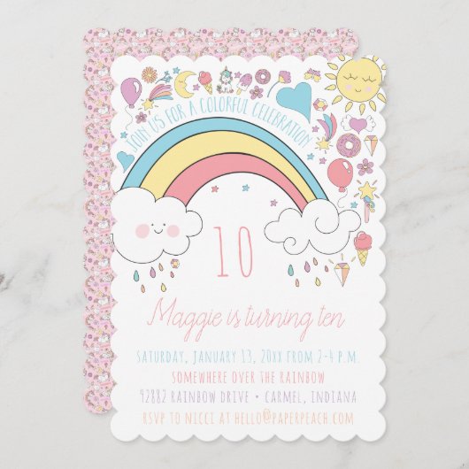 Rainbow Unicorn Girls Birthday Party Invitations Kaart (Voorkant / Achterkant)
