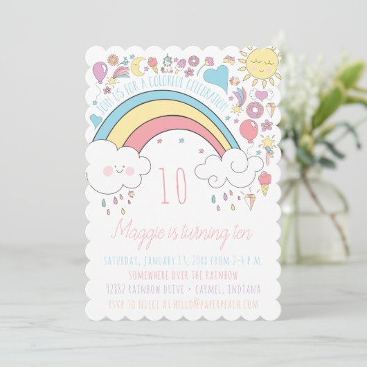 Rainbow Unicorn Girls Birthday Party Invitations Kaart (Staand voorkant)
