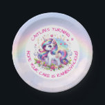 Rainbow Unicorn Girl's Birthday Party Personalized Papieren Bordje<br><div class="desc">A sweet unicorn themed birthday party personalized paper plates for a little girl. Purple,  pink and rainbow design sparkles and hearts.</div>